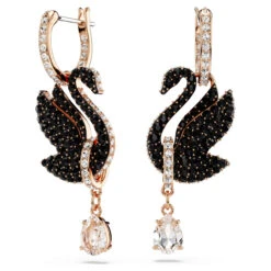 Swan Drop Earrings, Black, Rose Gold-Tone Plated 5678047 | Swarovski