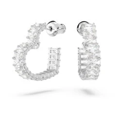 Matrix Hoop Earrings Heart, Small, White, Rhodium Plated 5653170 | Swarovski