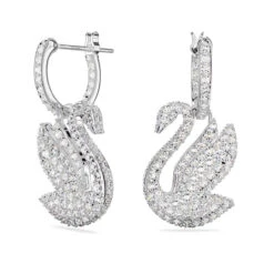 Iconic Swan Drop Earrings Swan, White, Rhodium Plated 5647545 | Swarovski